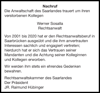 Traueranzeige von Werner Sosalla von saarbruecker_zeitung