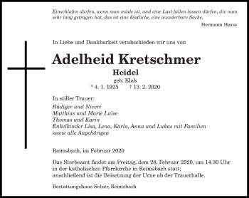 Traueranzeige von Adelheid Kretschmer von saarbruecker_zeitung