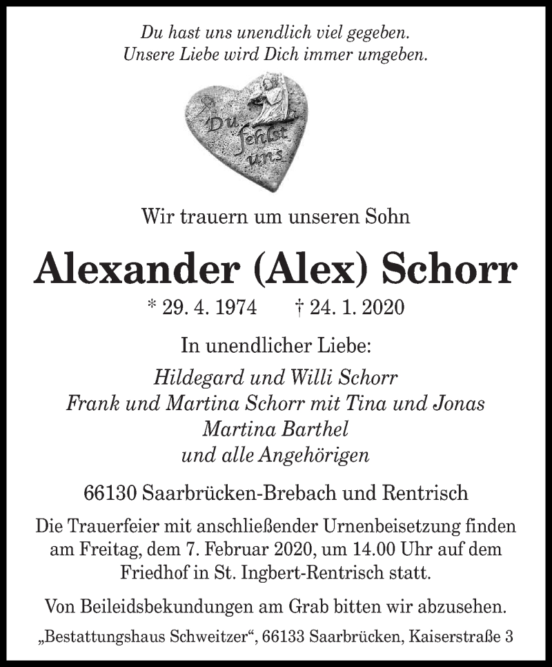  Traueranzeige für Alexander Schorr vom 03.02.2020 aus saarbruecker_zeitung