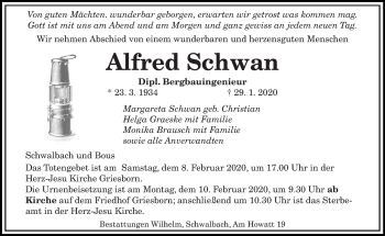 Traueranzeige von Alfred Schwan von saarbruecker_zeitung