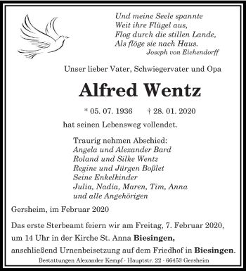 Traueranzeige von Alfred Wentz von saarbruecker_zeitung