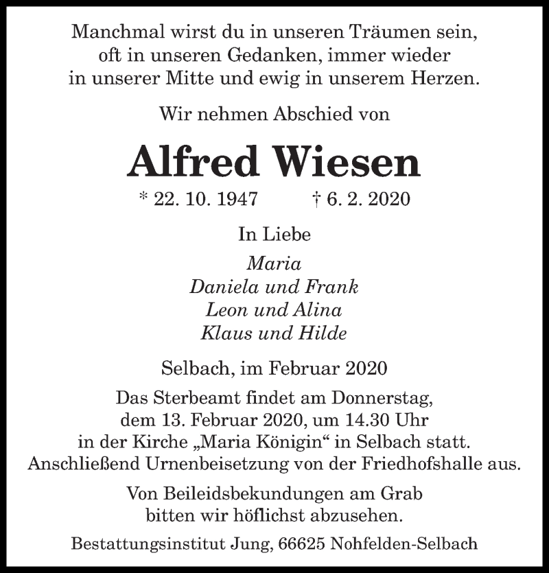  Traueranzeige für Alfred Wiesen vom 11.02.2020 aus saarbruecker_zeitung