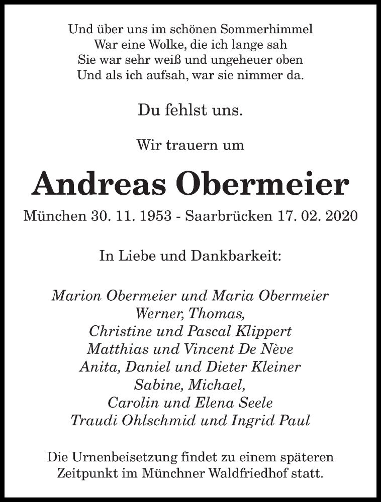  Traueranzeige für Andreas Obermeier vom 28.02.2020 aus saarbruecker_zeitung