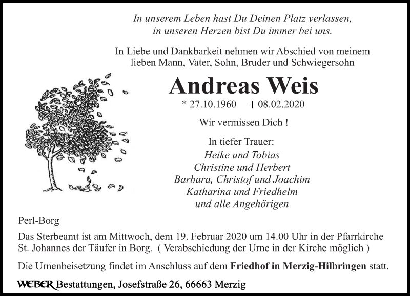  Traueranzeige für Andreas Weis vom 15.02.2020 aus saarbruecker_zeitung
