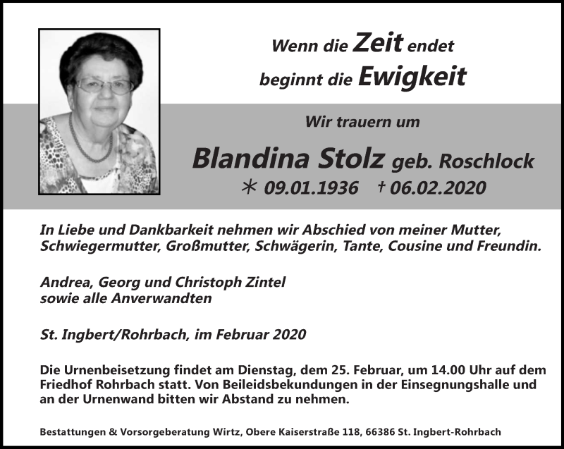  Traueranzeige für Blandina Stolz vom 15.02.2020 aus saarbruecker_zeitung