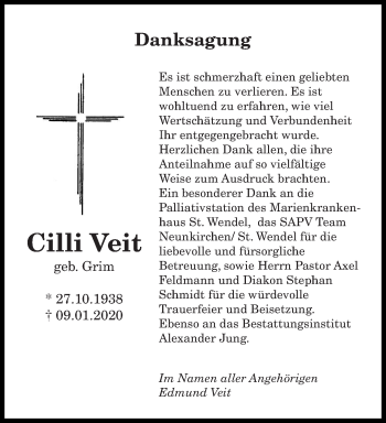 Traueranzeige von Cilli Veit von saarbruecker_zeitung