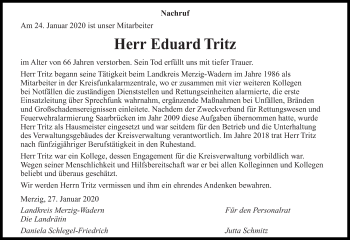 Traueranzeige von Eduard Tritz von saarbruecker_zeitung