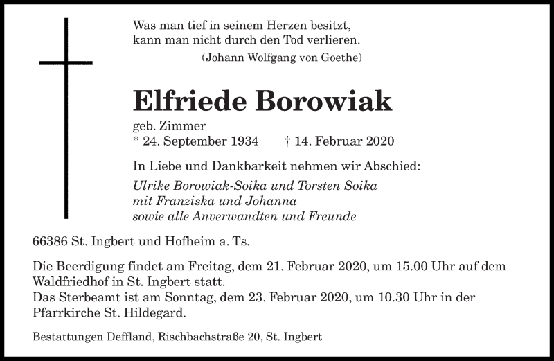  Traueranzeige für Elfriede Borowiak vom 19.02.2020 aus saarbruecker_zeitung