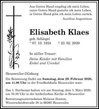 Traueranzeige von Elisabeth Klaes von saarbruecker_zeitung
