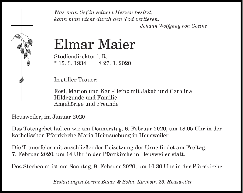  Traueranzeige für Elmar Maier vom 31.01.2020 aus saarbruecker_zeitung