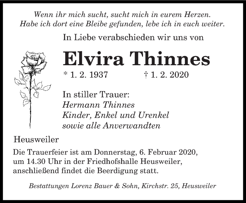  Traueranzeige für Elvira Thinnes vom 04.02.2020 aus saarbruecker_zeitung
