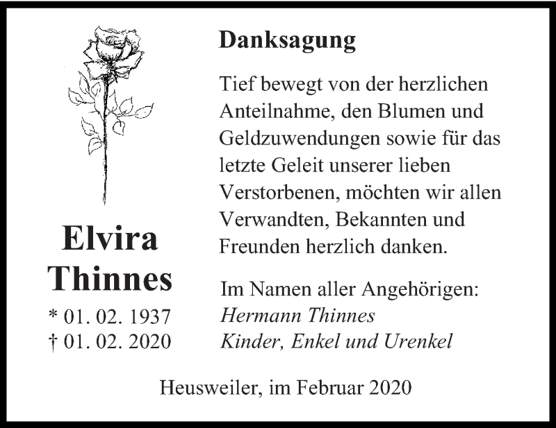  Traueranzeige für Elvira Thinnes vom 15.02.2020 aus saarbruecker_zeitung