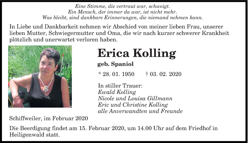  Traueranzeige für Erica Kolling vom 08.02.2020 aus saarbruecker_zeitung