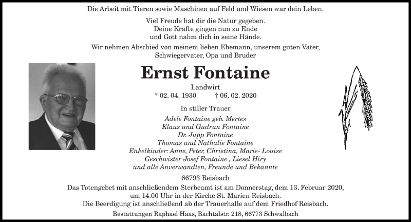  Traueranzeige für Ernst Fontaine vom 08.02.2020 aus saarbruecker_zeitung
