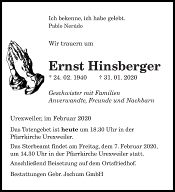 Traueranzeige von Ernst Hinsberger von saarbruecker_zeitung