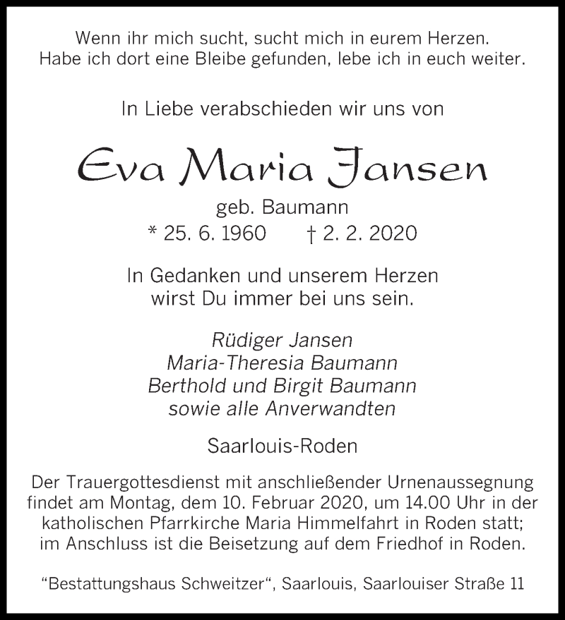  Traueranzeige für Eva Maria Jansen vom 08.02.2020 aus saarbruecker_zeitung