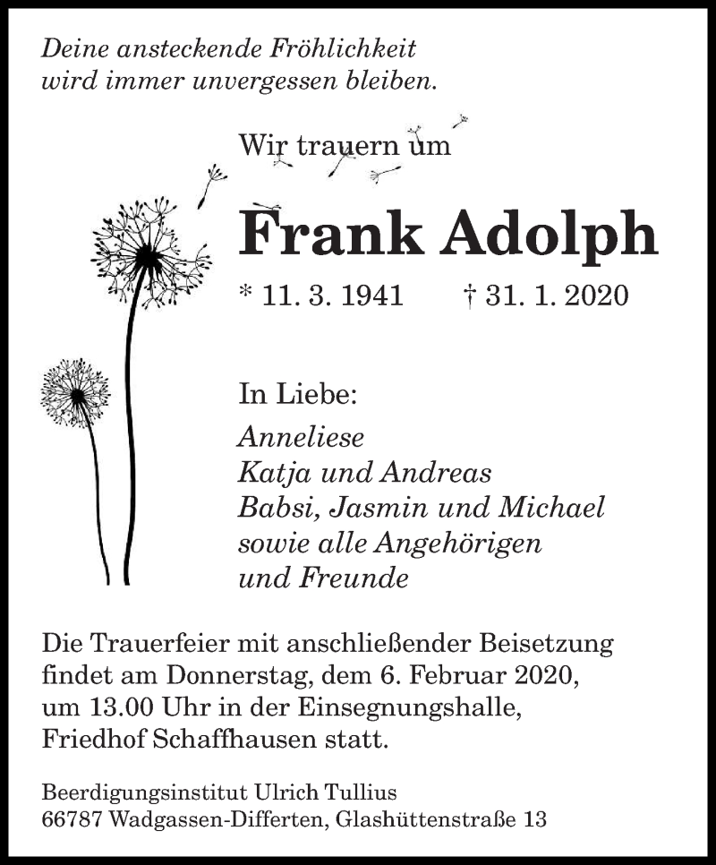  Traueranzeige für Frank Adolph vom 04.02.2020 aus saarbruecker_zeitung