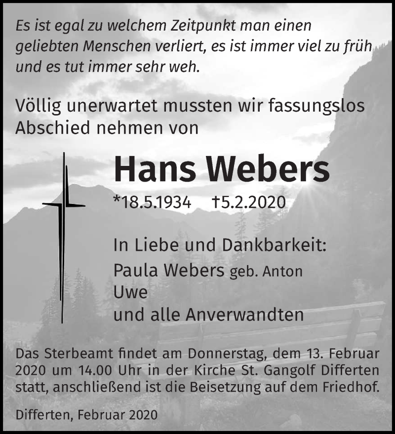  Traueranzeige für Hans Webers vom 08.02.2020 aus saarbruecker_zeitung