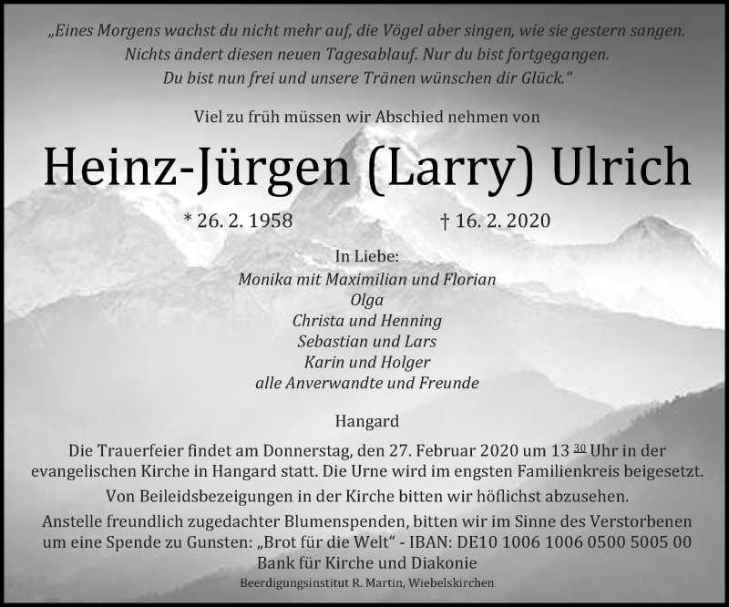  Traueranzeige für Heinz-Jürgen Ulrich vom 22.02.2020 aus saarbruecker_zeitung