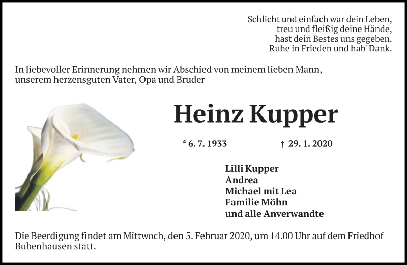  Traueranzeige für Heinz Kupper vom 01.02.2020 aus saarbruecker_zeitung