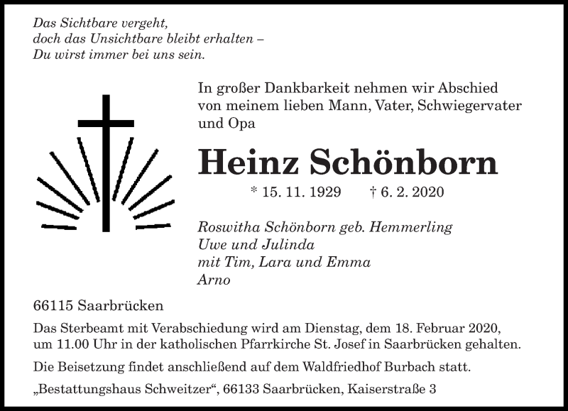  Traueranzeige für Heinz Schönborn vom 08.02.2020 aus saarbruecker_zeitung