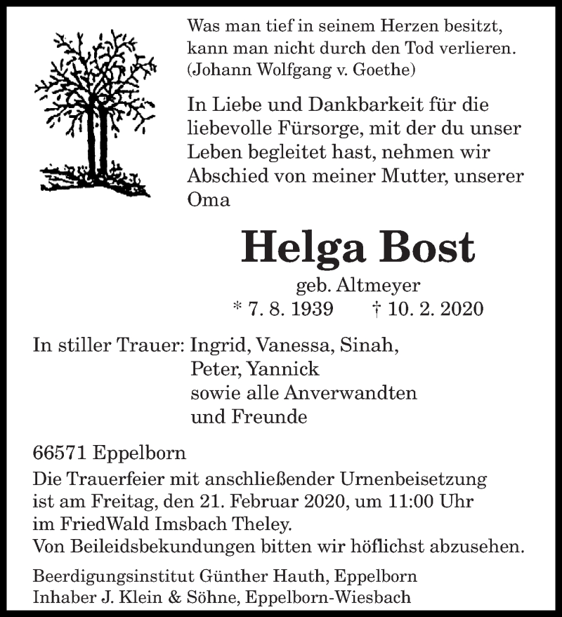  Traueranzeige für Helga Bost vom 19.02.2020 aus saarbruecker_zeitung