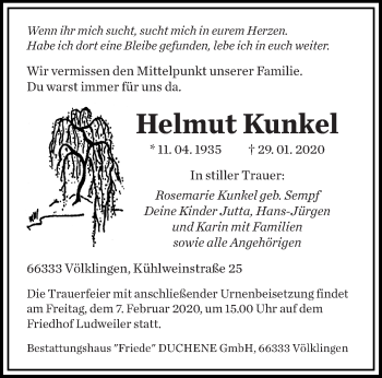 Traueranzeige von Helmut Kunkel von saarbruecker_zeitung