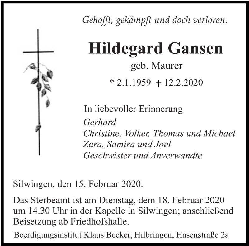  Traueranzeige für Hildegard Gansen vom 15.02.2020 aus saarbruecker_zeitung