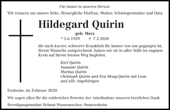 Traueranzeige von Hildegard Quirin von saarbruecker_zeitung