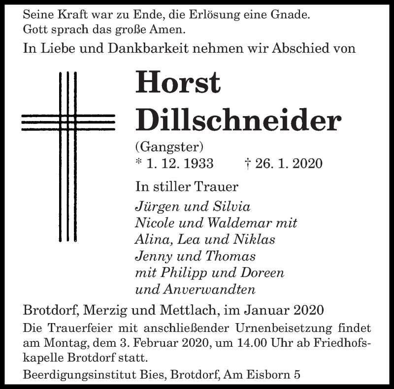  Traueranzeige für Horst Dillschneider vom 31.01.2020 aus saarbruecker_zeitung