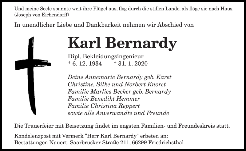  Traueranzeige für Karl Bernardy vom 15.02.2020 aus saarbruecker_zeitung