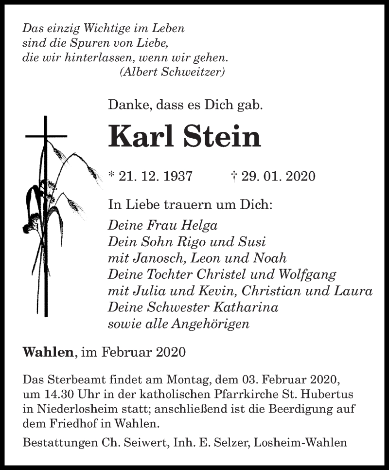  Traueranzeige für Karl Stein vom 01.02.2020 aus saarbruecker_zeitung