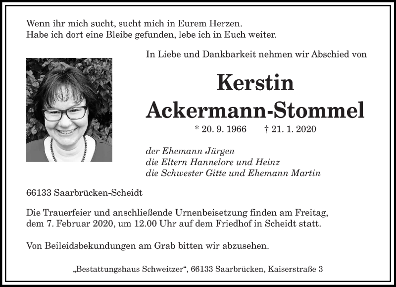 Traueranzeige für Kerstin Ackermann-Stommel vom 01.02.2020 aus saarbruecker_zeitung