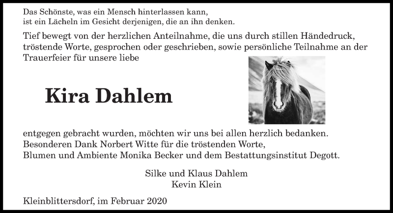  Traueranzeige für Kira Dahlem vom 15.02.2020 aus saarbruecker_zeitung