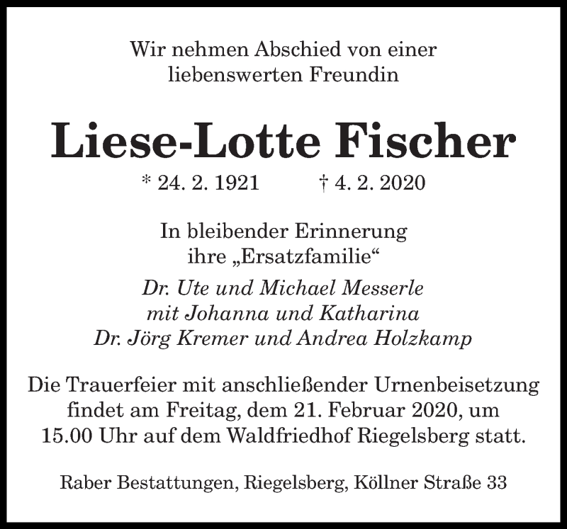 Traueranzeige für Liese-Lotte Fischer vom 15.02.2020 aus saarbruecker_zeitung