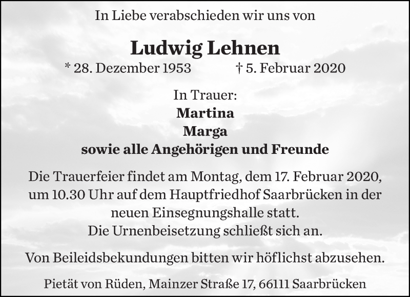  Traueranzeige für Ludwig Lehnen vom 12.02.2020 aus saarbruecker_zeitung
