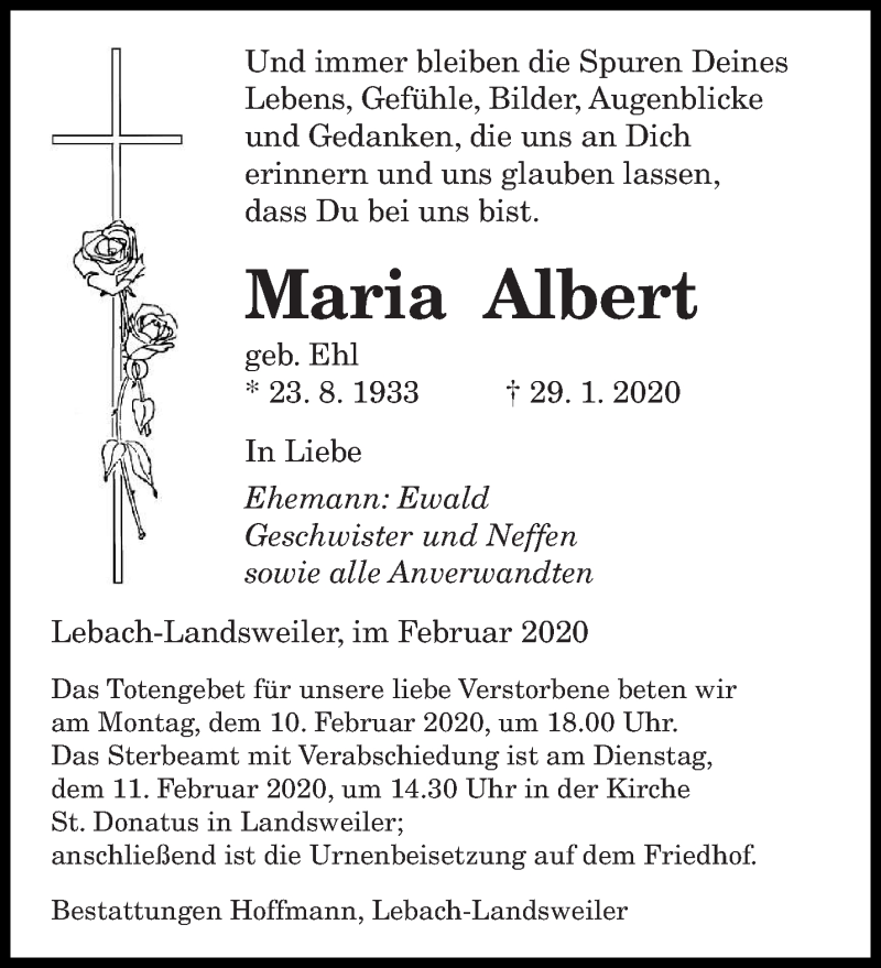  Traueranzeige für Maria Albert vom 08.02.2020 aus saarbruecker_zeitung