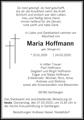 Traueranzeige von Maria Hoffmann von saarbruecker_zeitung