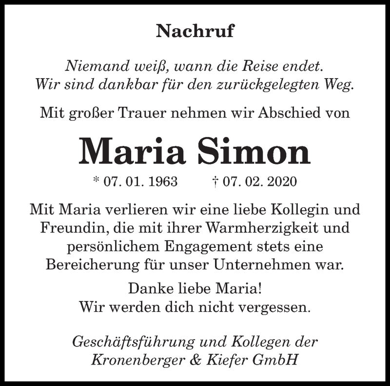  Traueranzeige für Maria Simon vom 13.02.2020 aus saarbruecker_zeitung