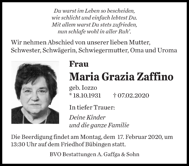  Traueranzeige für Maria Grazia Zaffino vom 15.02.2020 aus saarbruecker_zeitung