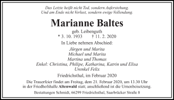 Traueranzeige von Marianne Baltes von saarbruecker_zeitung