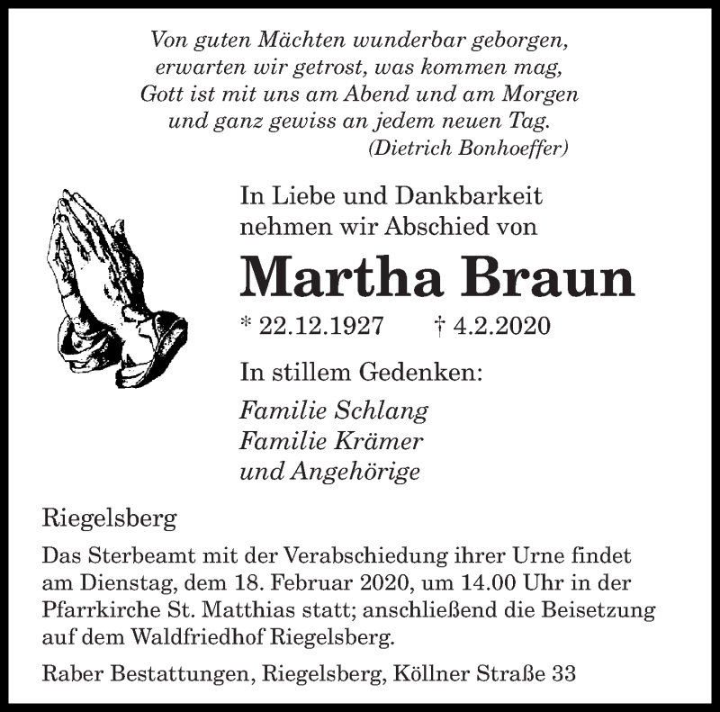  Traueranzeige für Martha Braun vom 15.02.2020 aus saarbruecker_zeitung