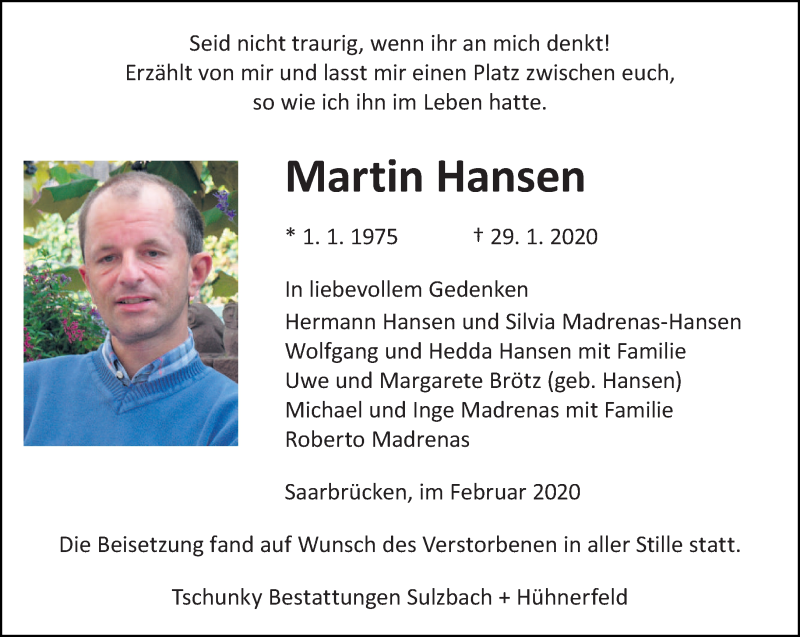  Traueranzeige für Martin Hansen vom 15.02.2020 aus saarbruecker_zeitung
