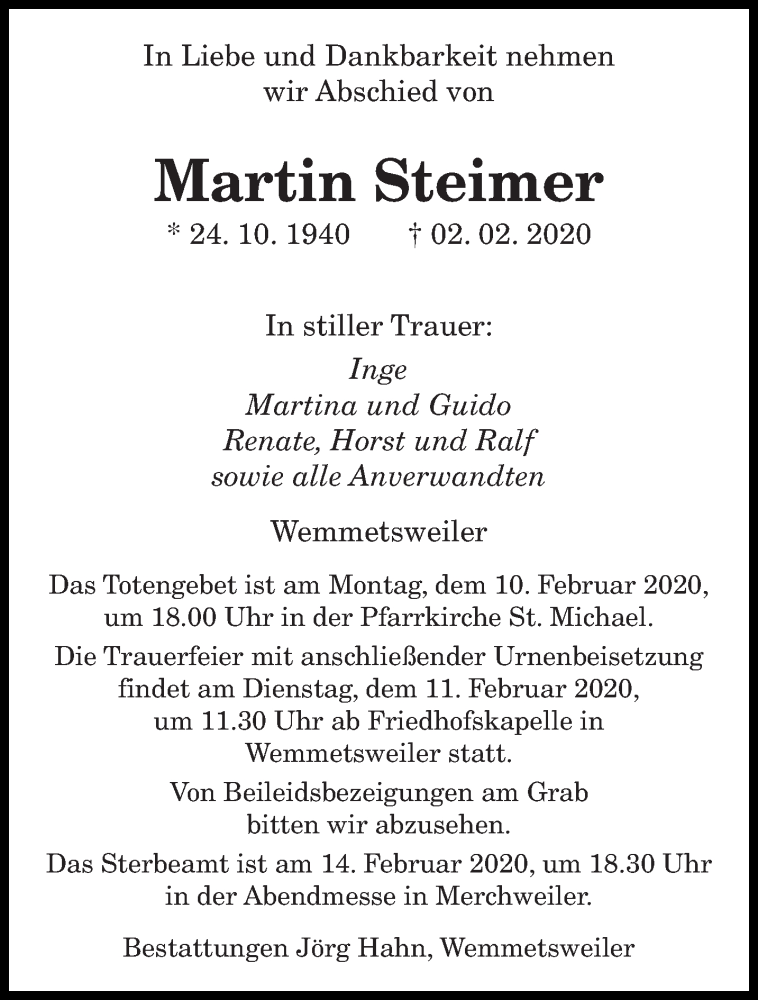  Traueranzeige für Martin Steimer vom 08.02.2020 aus saarbruecker_zeitung