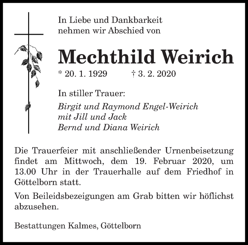  Traueranzeige für Mechthild Weirich vom 15.02.2020 aus saarbruecker_zeitung