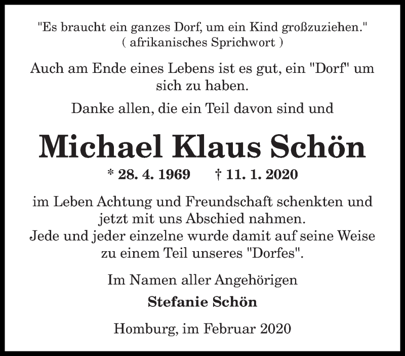 Traueranzeige für Michael Klaus Schön vom 15.02.2020 aus saarbruecker_zeitung