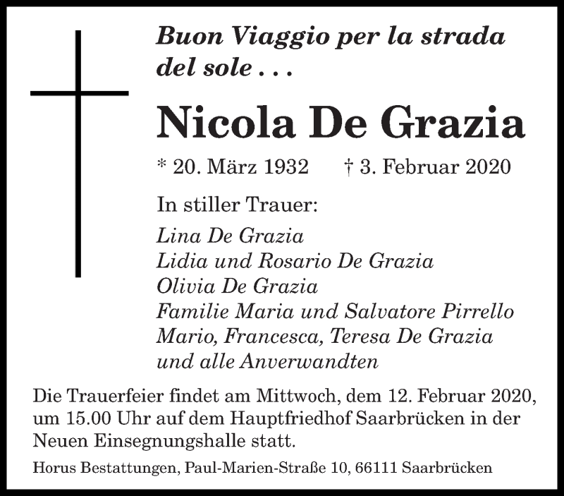  Traueranzeige für Nicola De Grazia vom 08.02.2020 aus saarbruecker_zeitung