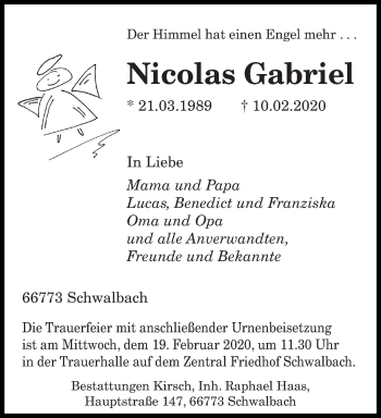 Traueranzeige von Nicolas Gabriel von saarbruecker_zeitung