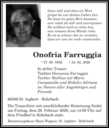 Traueranzeige von Onofria Farruggia von saarbruecker_zeitung