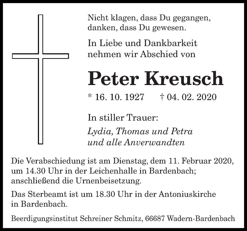  Traueranzeige für Peter Kreusch vom 08.02.2020 aus saarbruecker_zeitung